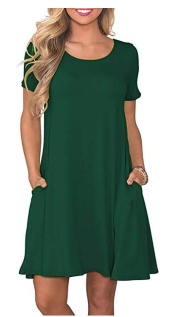New Women's Round neck Solid color Casual Short sleeve Swing Dress With Pockets Dark Green - Shop at LoveMi