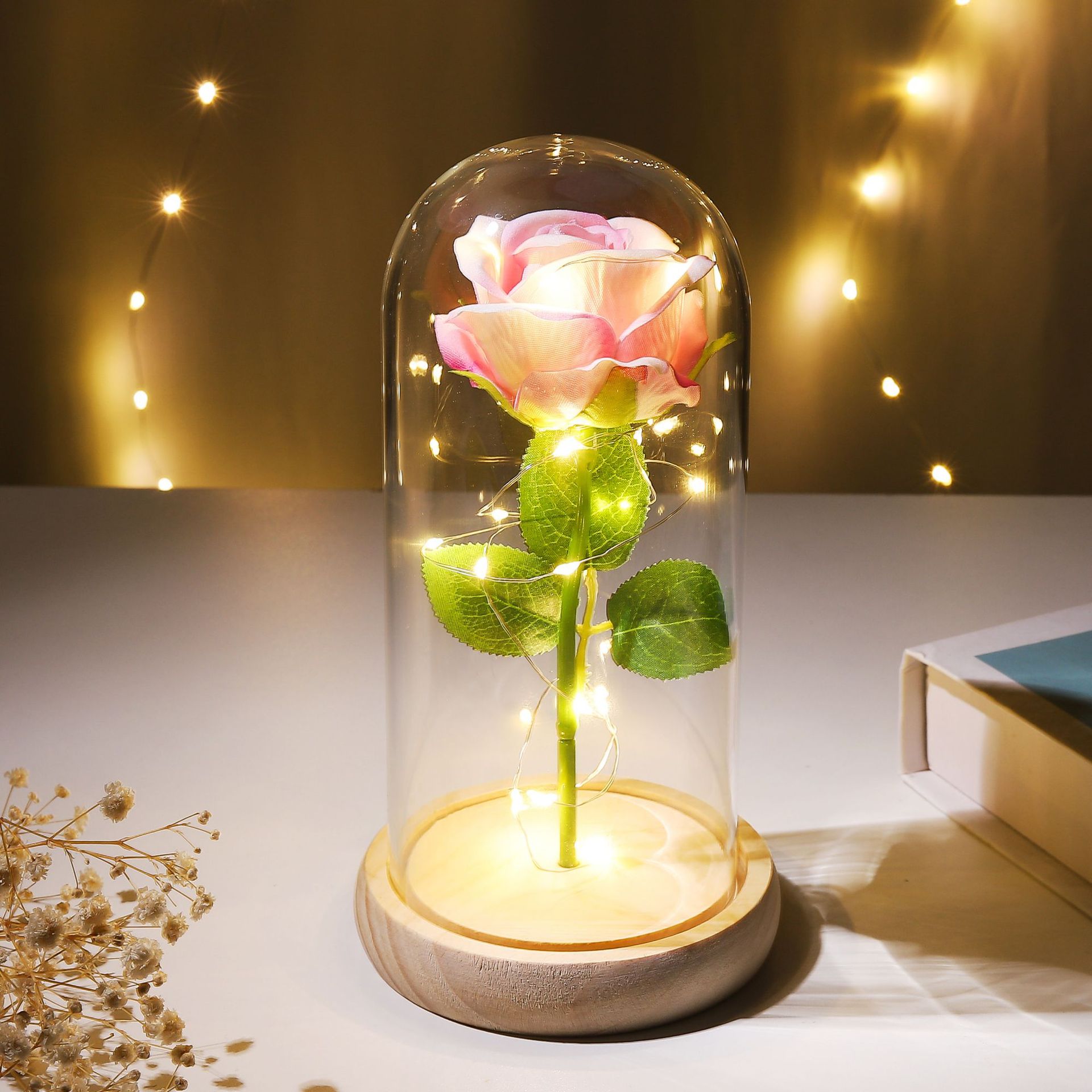 Preserved Flower Glass Dome Artificial Rose Night Light For Christmas