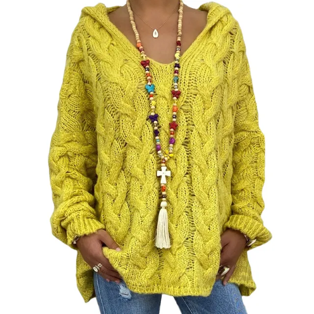 Solid Color Twist Knitted Hoodie Sweater For Women Yellow - Shop at LoveMi