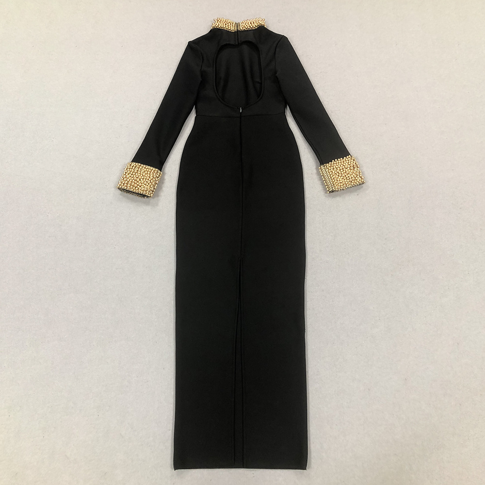 Long Sleeve Golden Pearl Autumn And Winter High Sense Dress Black - Shop at LoveMi