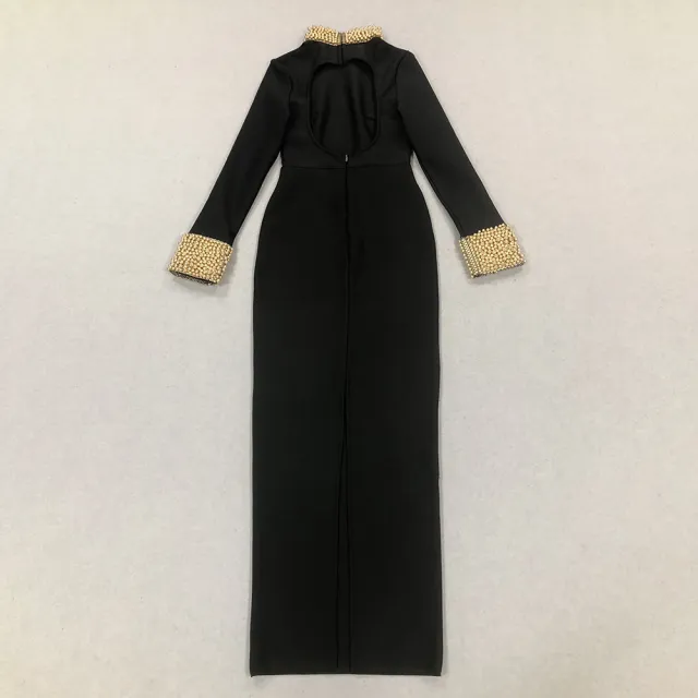 Long Sleeve Golden Pearl Autumn And Winter High Sense Dress Black - Shop at LoveMi