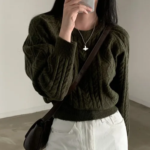 Autumn And Winter French Minority Retro Twist Crew Neck Pullover Sweater Green - Shop at LoveMi