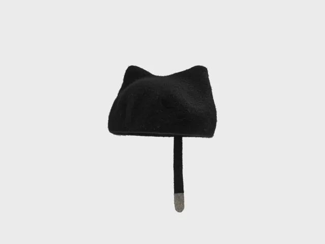 Cute Little Tail Cat Ears Wool Beret Fashion Octagonal Cap Pure Black - Shop at LoveMi