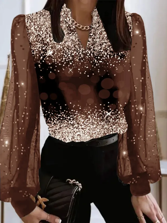 Women's V neck Pullover Fashionable Printed Shirt Champagne M - Shop at LoveMi