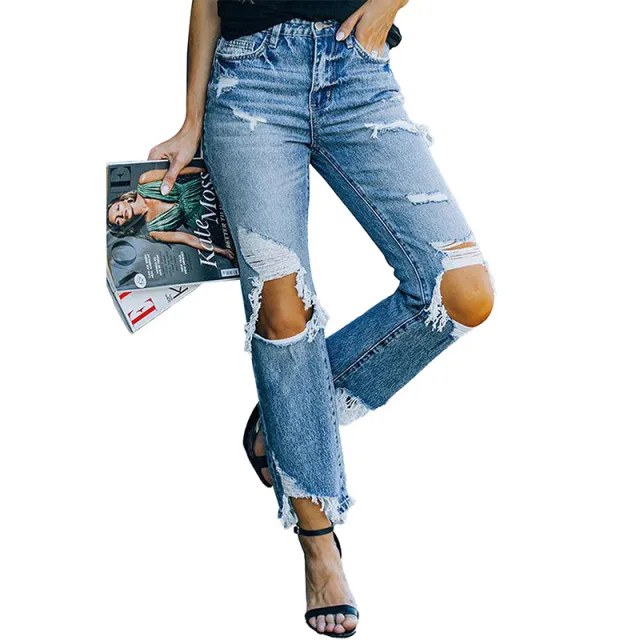 Autumn Ripped Jeans For Women European And American Personalized Knee exposed Tight High Waist Trousers For Women Blue - Shop at LoveMi
