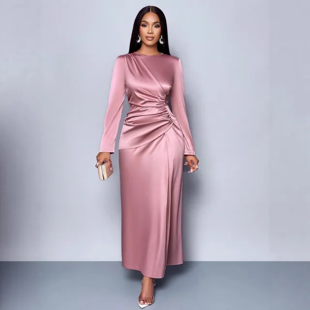 Womens Solid Color Satin Fashionable And Elegant Dress Pink - Shop at LoveMi