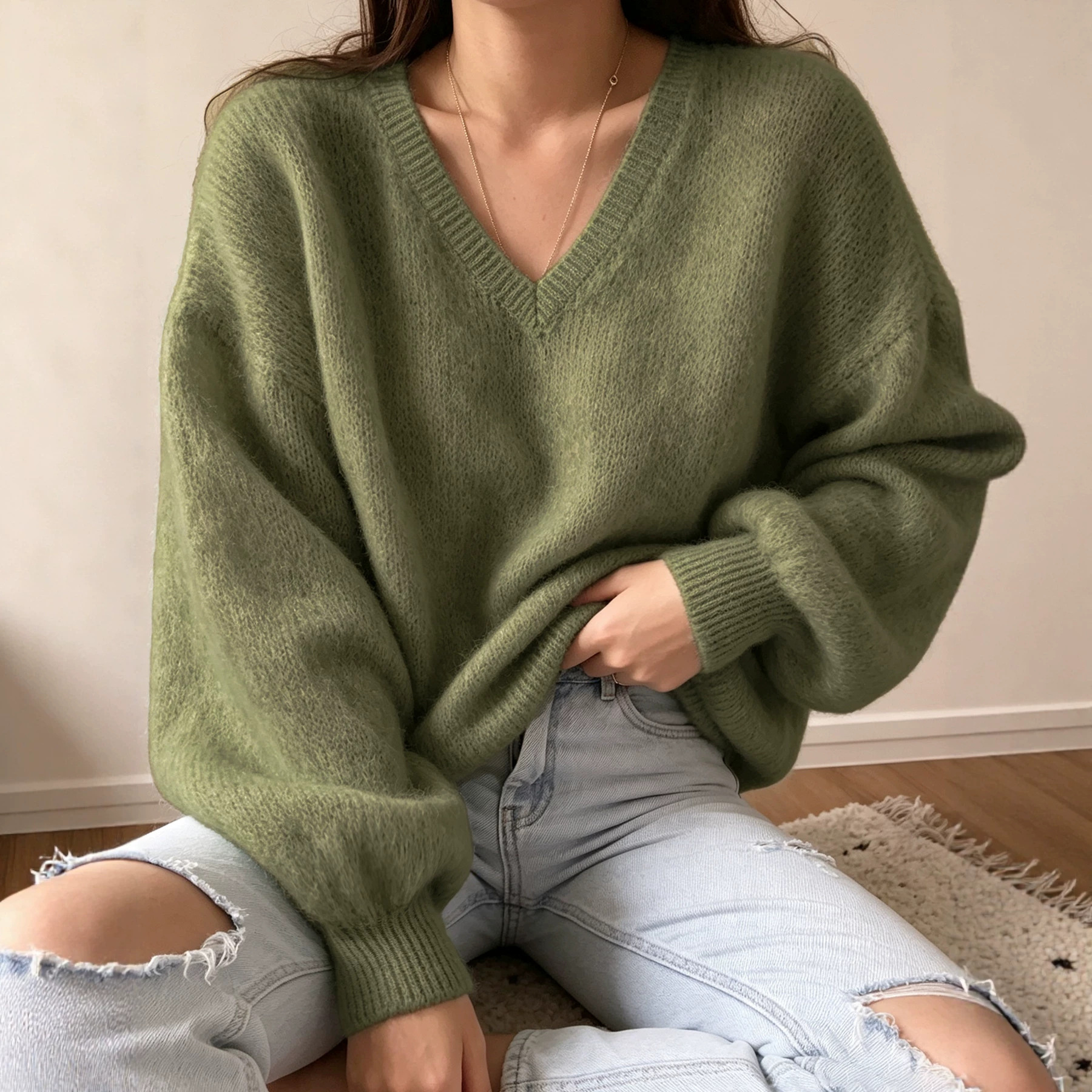 Lantern-sleeve Relaxed Casual-style Knitted Pullover — product photo 3