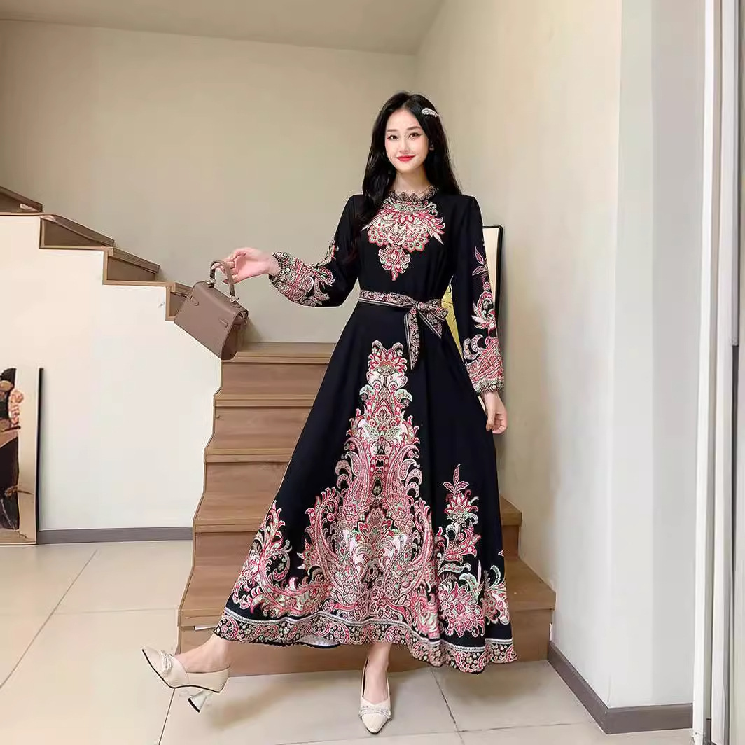 Single-breasted Court Style Vintage Printed Wide Swing Long Dress