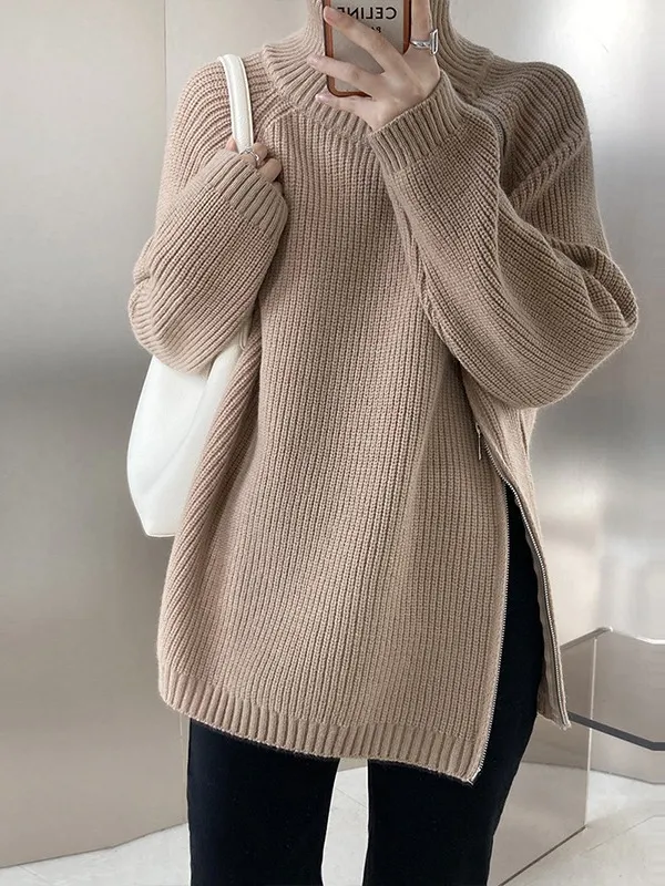Double headed Zipper Turtleneck Sweater Coat Loose Plus Size Knitwear Khaki - Shop at LoveMi