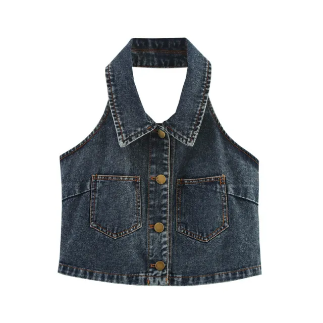 Sexy Big Backless Lapel Halter Denim Camisole - Shop at LoveMi