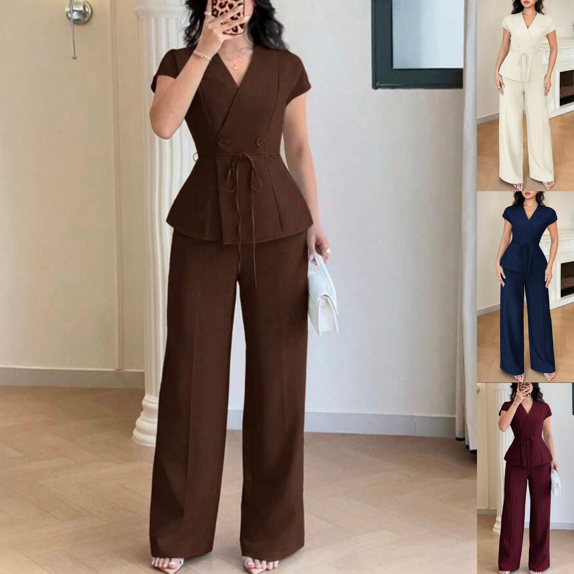 Womens Casual-Style Lace-Up Button Vest And Pants Set 9