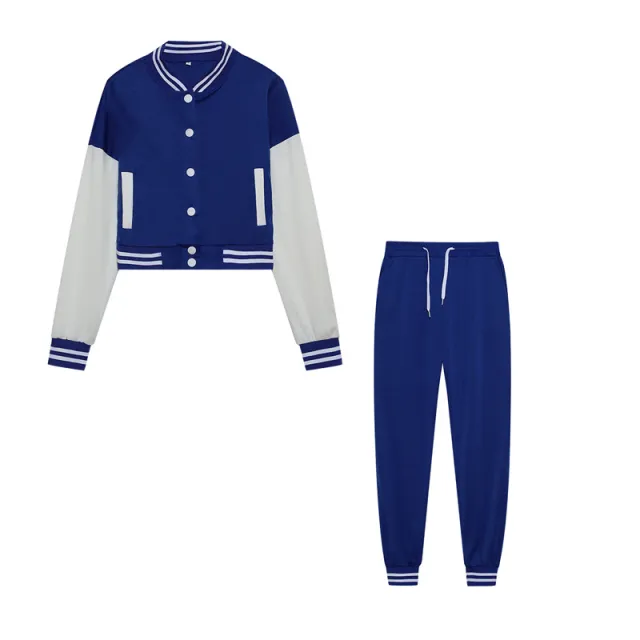 Stitching Jacket Single breasted Baseball Set Wear Sports Two piece Women's Clothing Blue - Shop at LoveMi