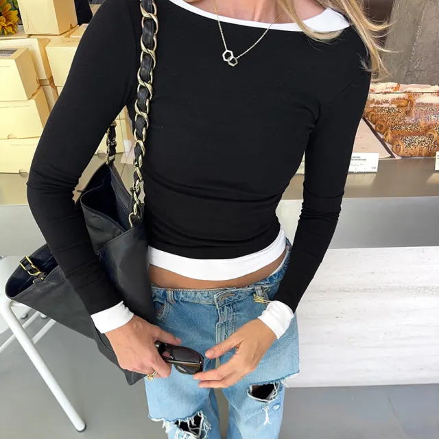 Women's Casual Black Fake Slim Fit Round Neck Long Sleeves T shirt Black - Shop at LoveMi