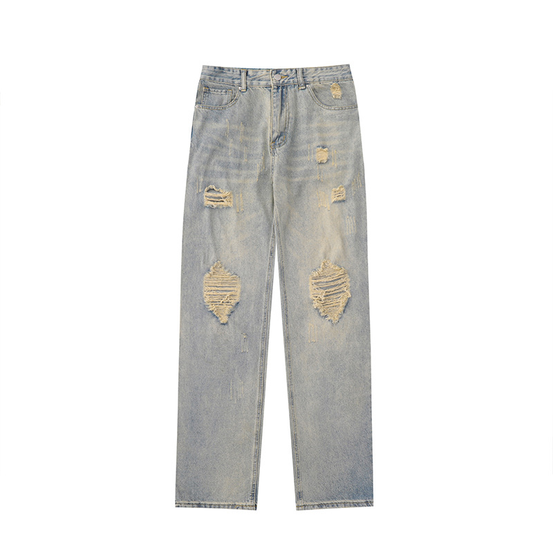 Fashion Brand Yellow Mud Ripped Jeans American Style