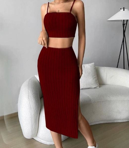 Women's Solid Color Stretch Tight Midriff baring Camisole Hip Skirt Suit Wine - Shop at LoveMi