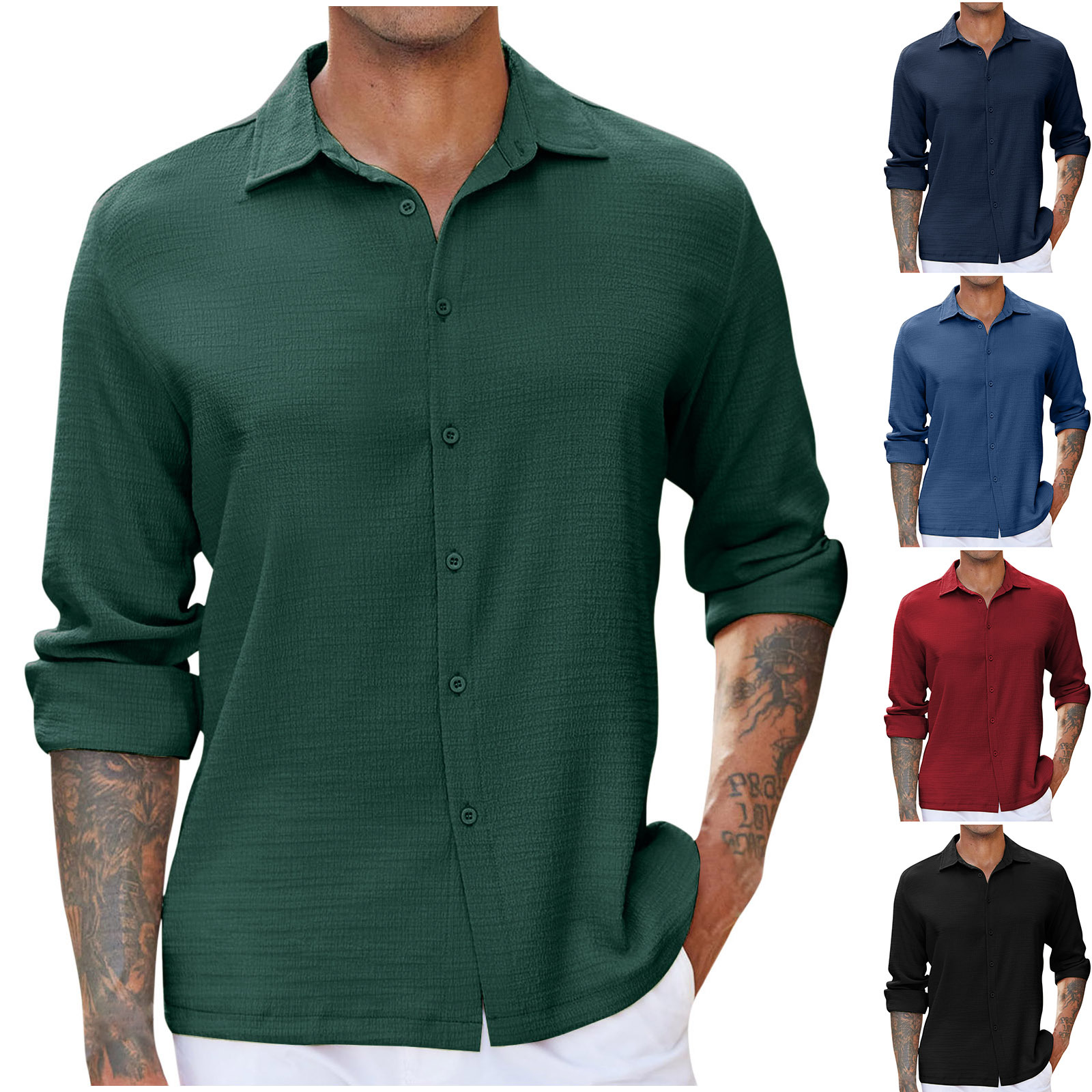 New Mens Casual Bubble-crease Shirt With A Turn-down Collar