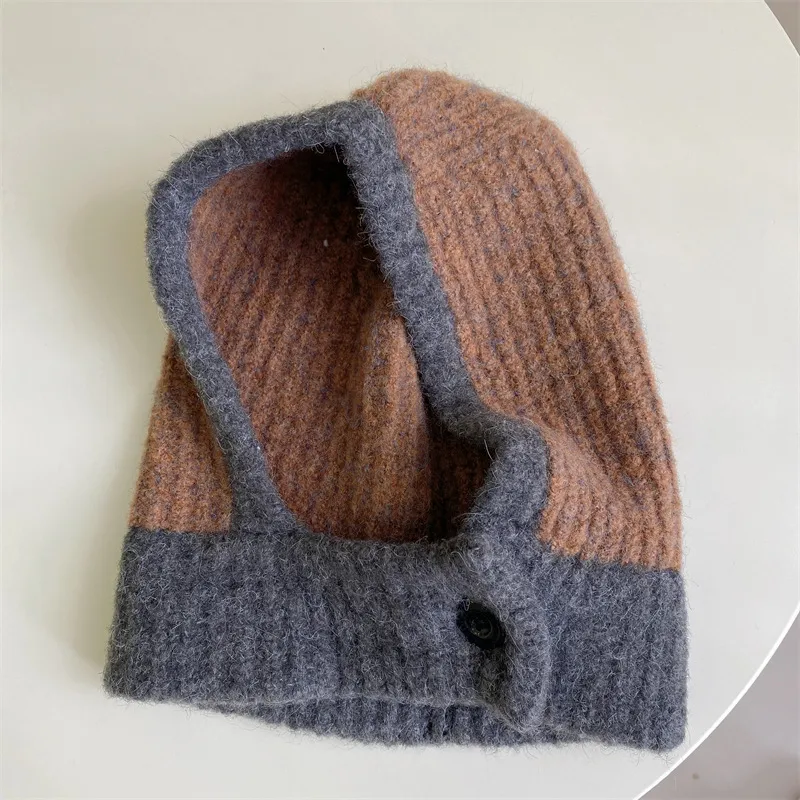 One-piece Knitted Balaclava With Built-in Neck Warmer And Ear Protection - Brown Gray