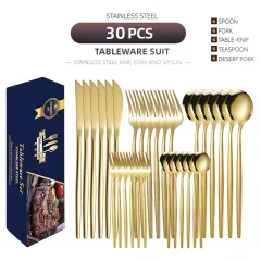 Stainless Steel Knife And Forks 30-piece Tableware Set Suit - Gold - View 1