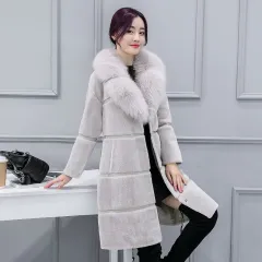 Mid-length Artificial Leather Wool Coat - Silver - View 1