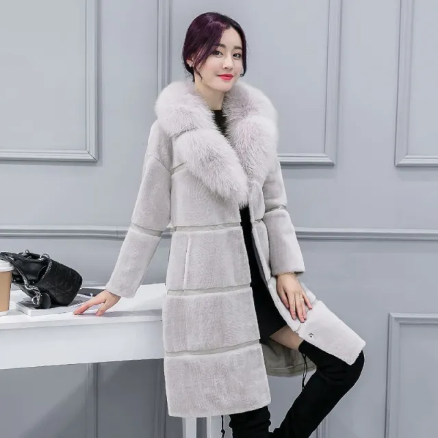 Mid length Artificial Leather Wool Coat Silver - Shop at LoveMi