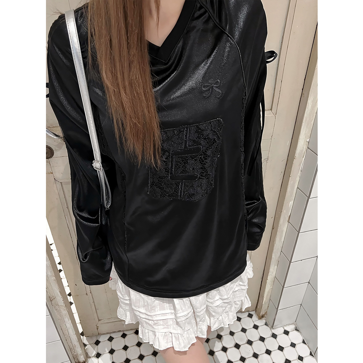 Women's Lace Stitching Bow Drawstring Satin T-shirt