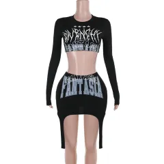 Street Personalised Printed Short Top Irregular Ribbon Mid-length Dress Set - Black - View 1