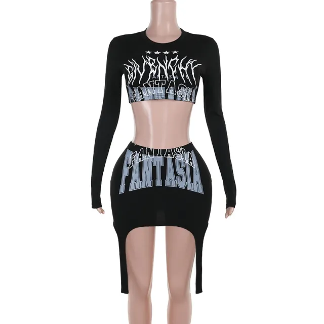 Street Personalized Printed Short Top Irregular Ribbon Mid length Dress Set Black - Shop at LoveMi