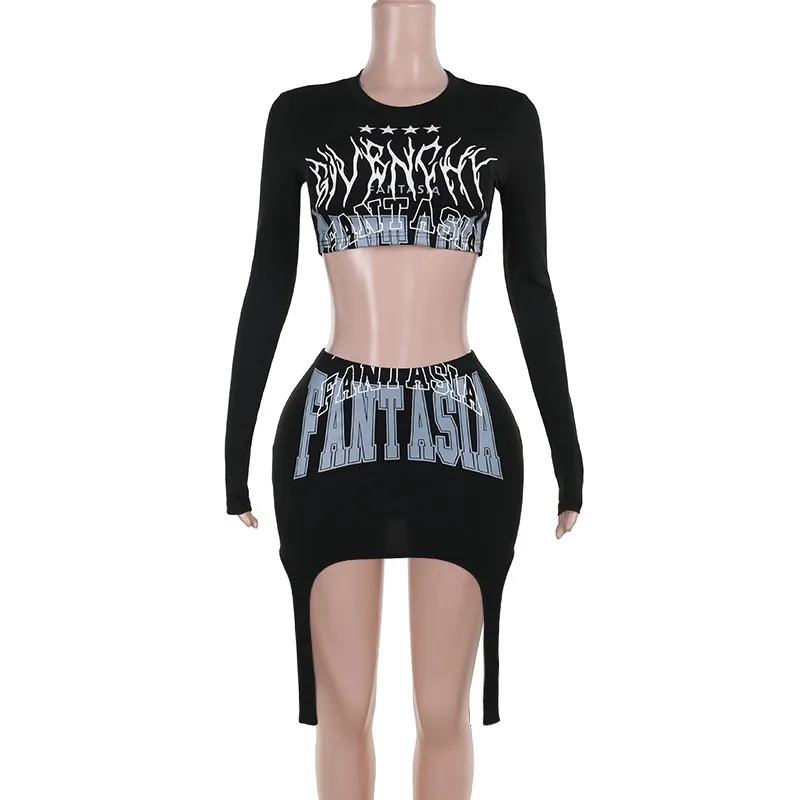 Street Personalized Printed Short Top Irregular Ribbon Mid-length Dress Set - Black