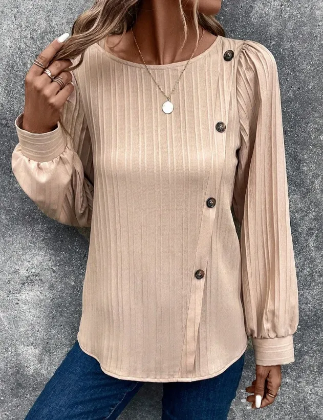 Women's Fastener Decoration Crew Neck Casual Solid Color Long sleeved Shirt Apricot - Shop at LoveMi