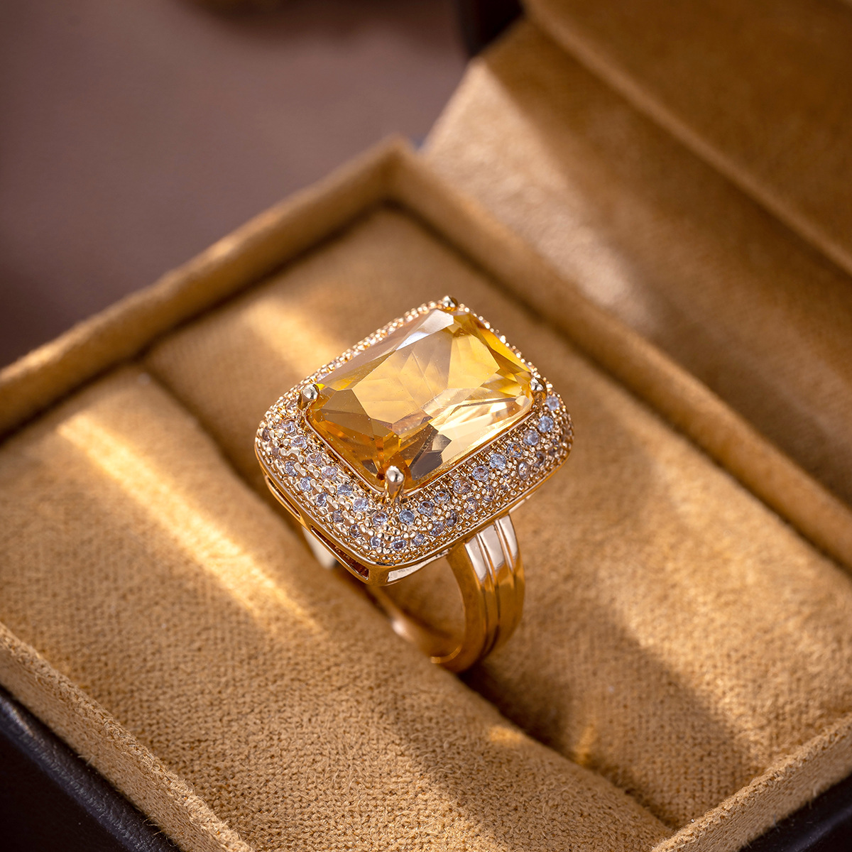 Square Zircon Yellow Diamond Crystal Ring