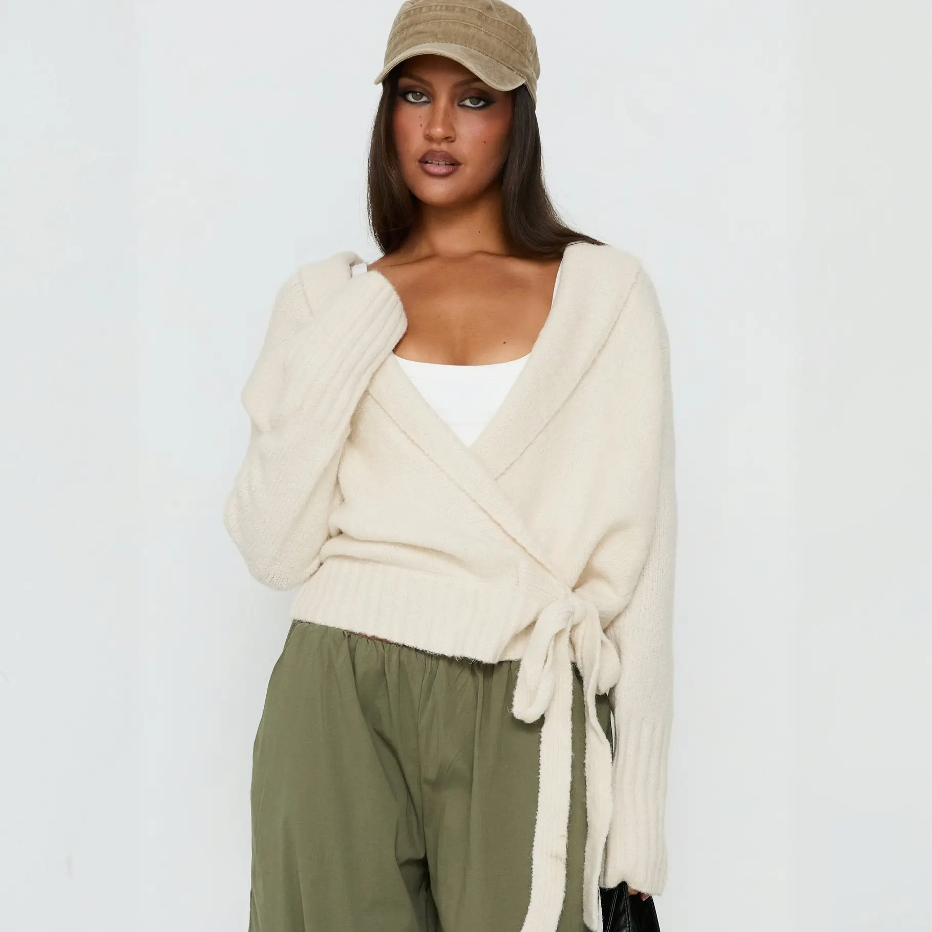 Solid-color Strap Sweater Long-sleeve Cardigan Top