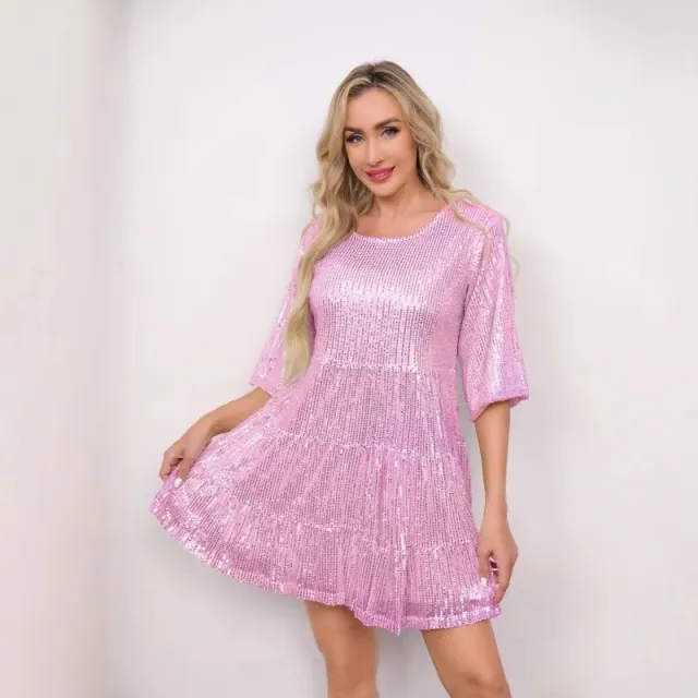 Loose Waist Short Sleeve Short Skirt Dress Banquet Sequin Pink - Shop at LoveMi