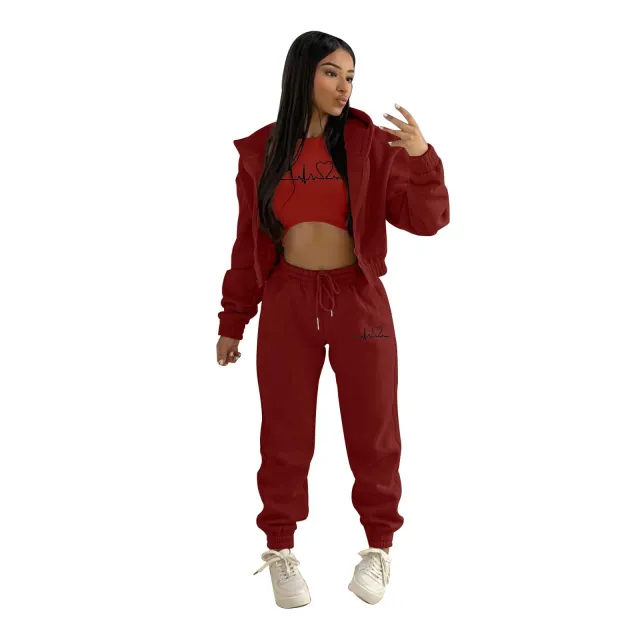 European And American Fashion Women's Wear Brushed Hoody Hooded Letter print Casual Suit Three piece Set Wine - Shop at LoveMi