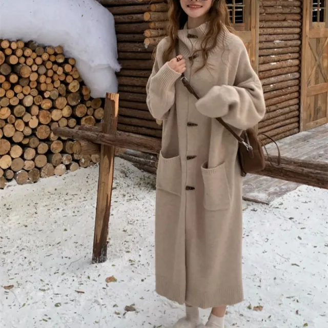 Horn Button Sweater Cardigan Women's Mid length Turn down Collar Coat Khaki - Shop at LoveMi