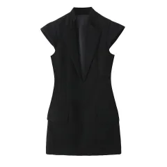 Hepburn Wind Belt Padded Shoulder Blazer Dress - Black - View 1