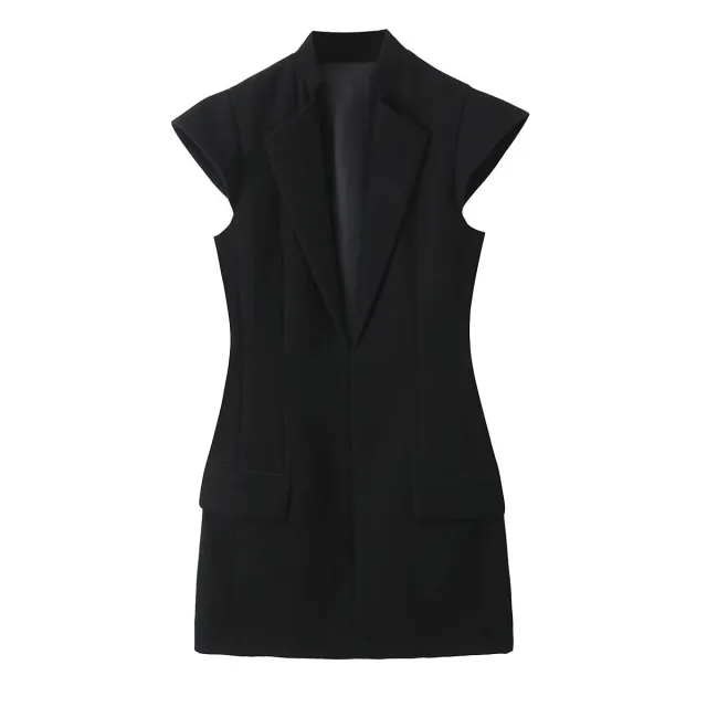 Hepburn Wind Belt Padded Shoulder Blazer Dress Black - Shop at LoveMi