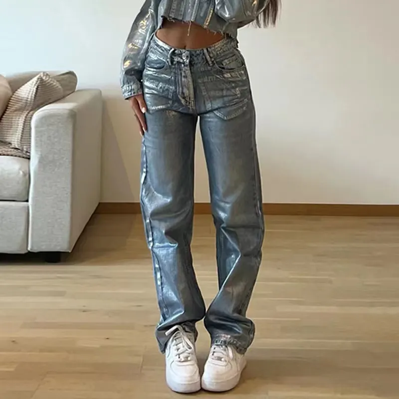 Washed Personality Blue Hot Silver Black Hot Silver High Waist Straight Style Jeans - Silver