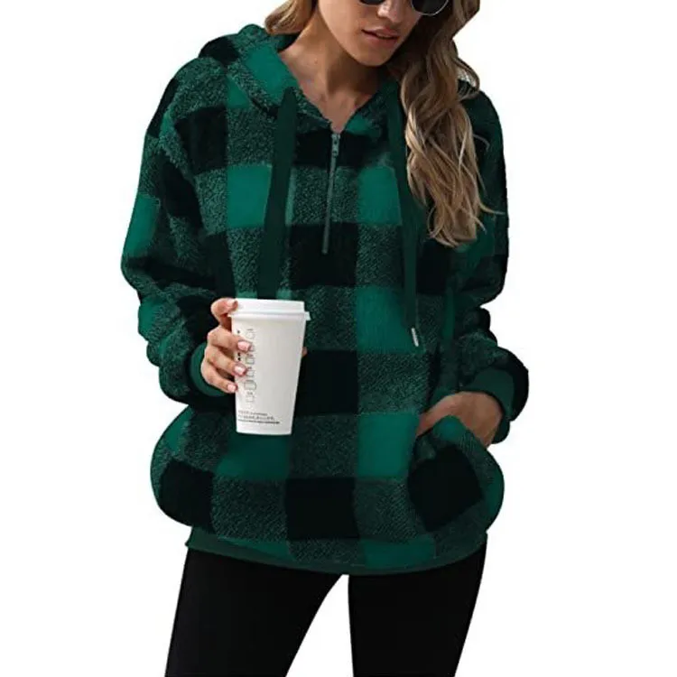 Women's Long-sleeved Hooded Plaid Plush Sweater - Green