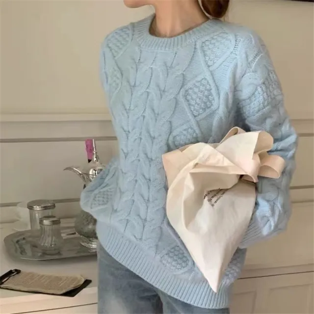 Retro Twist Sweater Women's Soft Glutinous Loose Round Neck Light Blue - Shop at LoveMi