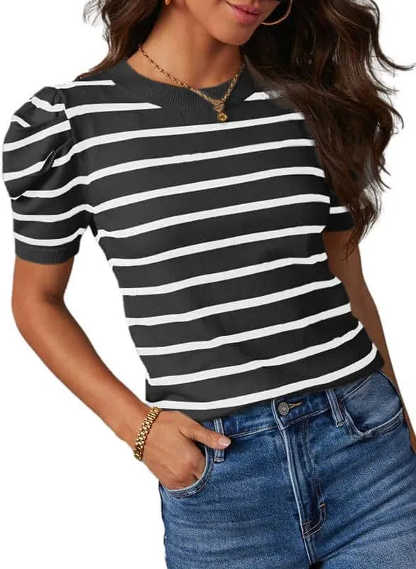 Womens Summer Casual Short Sleeve Knitted Top Black - Shop at LoveMi