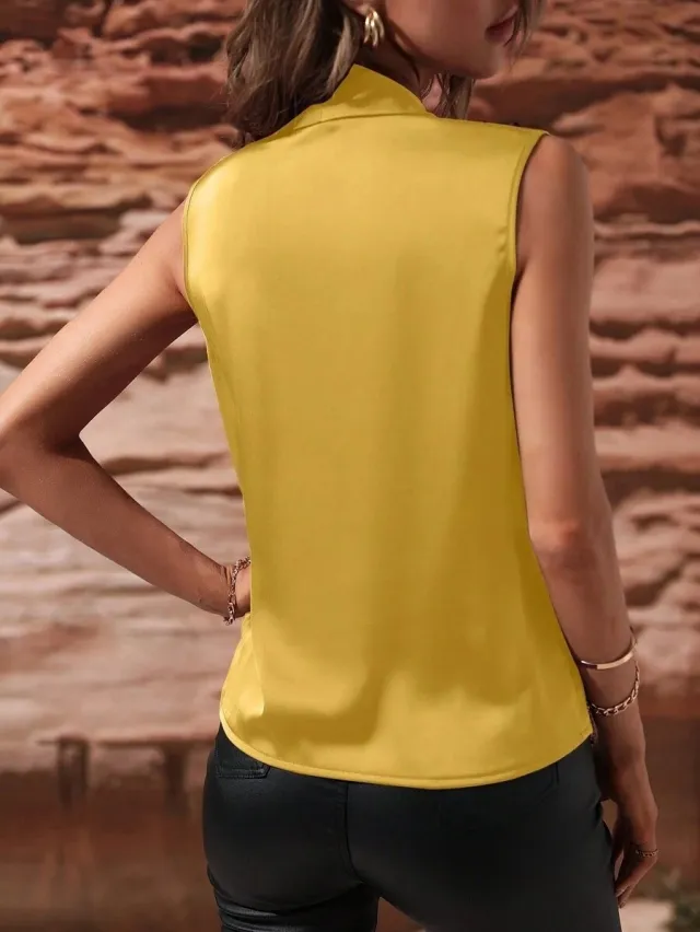 Women's Spring And Summer Sleeveless Satin Pleated Vest New Shirt Yellow - Shop at LoveMi