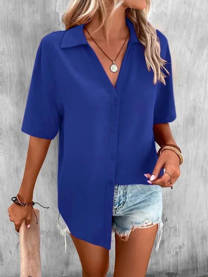 Temperament Pure Color V-neck Shirt Women's Top Short Sleeve - Sapphire Blue