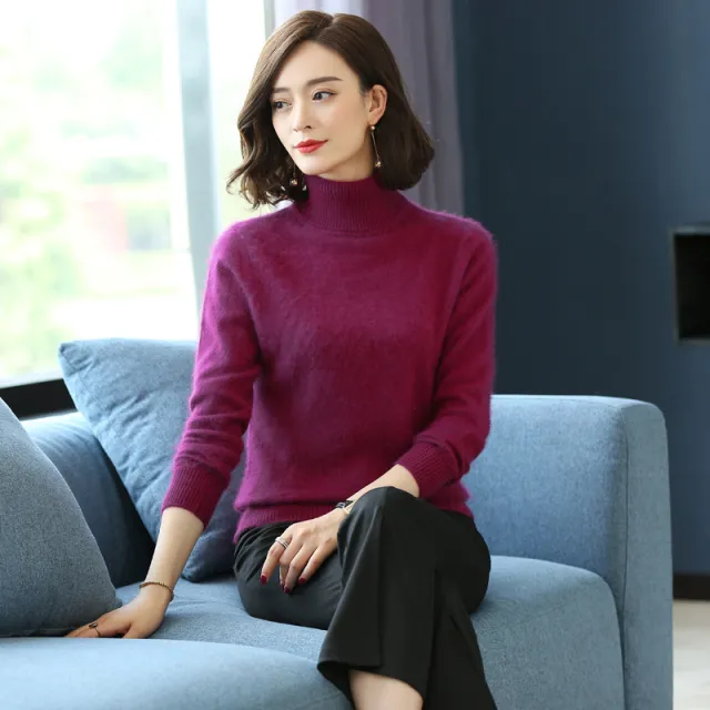 Turtleneck Pullover Short Loose Cashmere Knitted Mink Velvet Bottoming Shirt Sweater Wine Red - Shop at LoveMi