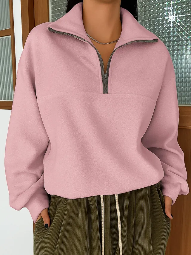 Casual Loose Fashion Solid Color Long Sleeve Zipper Pullover Lapel Sweater Pink - Shop at LoveMi