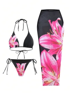 New Printed Swimsuit Bikini Slim Wrap Skirt Three-piece Set For Women - Black - View 1