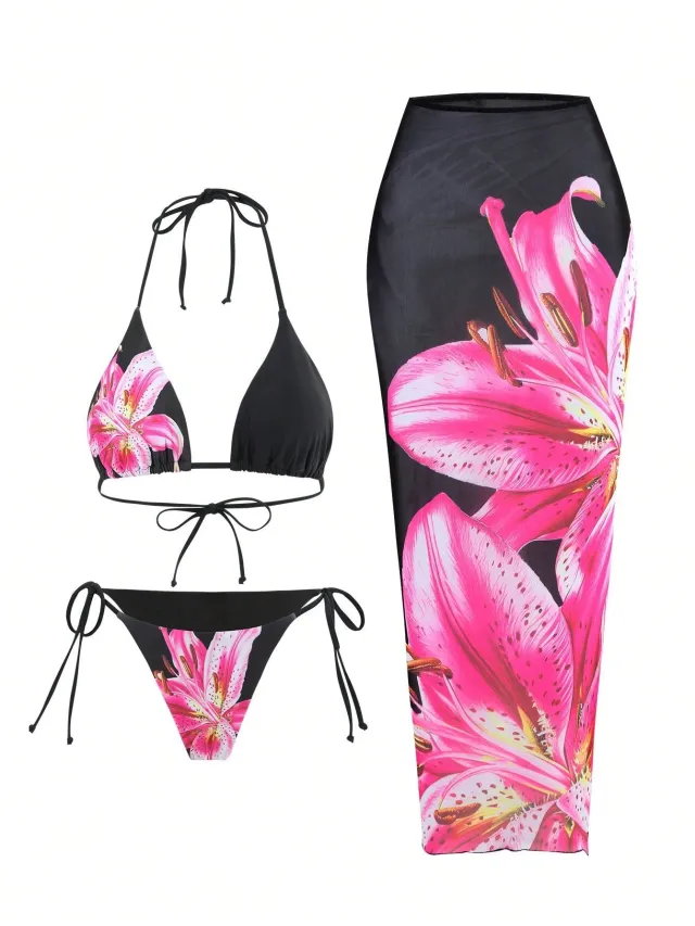 New Printed Swimsuit Bikini Slim Wrap Skirt Three piece Set For Women Black - Shop at LoveMi