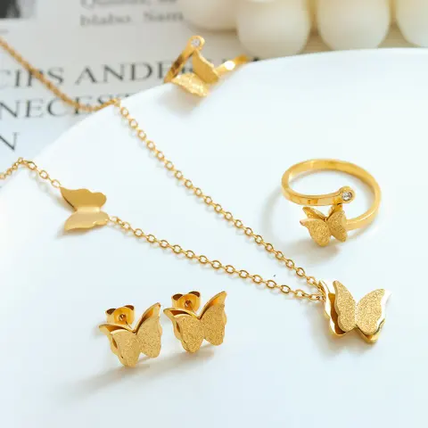 Frosted Texture Cute Butterfly Titanium Steel Suit Necklace Earring