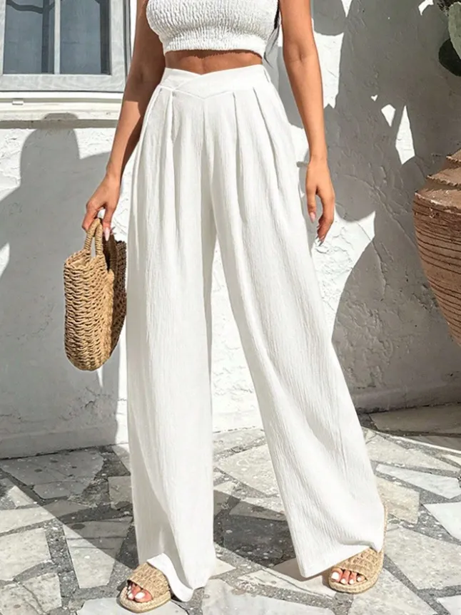 New Commute Style Summer Cross Pleated Casual High Waist Loose Trousers - White