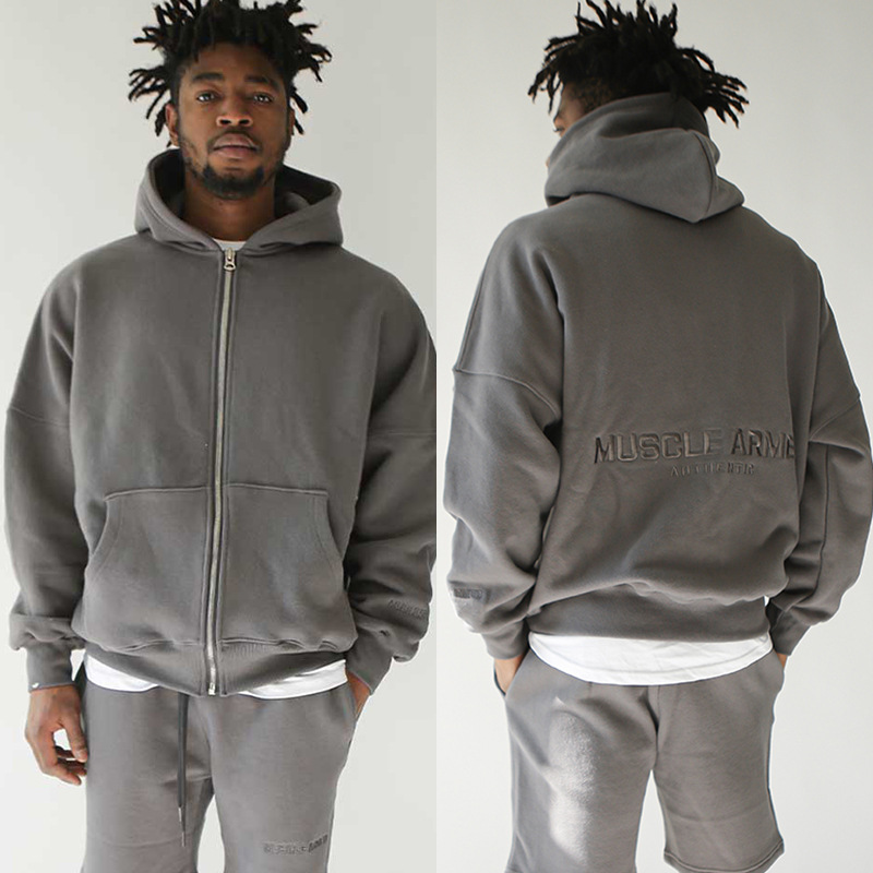 Autumn And Winter Brushed Hoody Men's Solid Color Loose-fitting Large Size Hip Hop Embroidery Cardigan Hooded Zipper Jacket