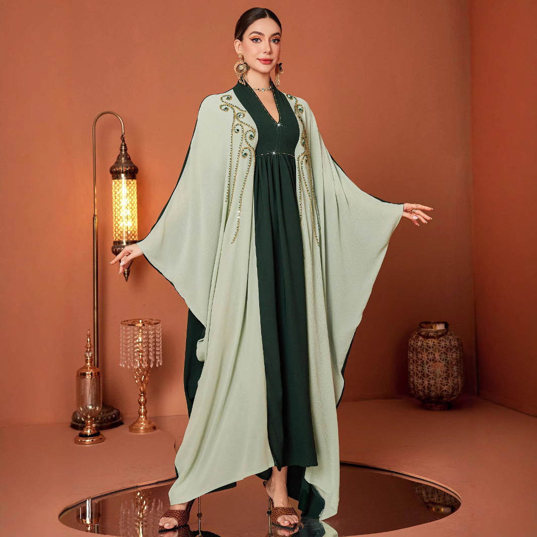 Dark Green Color Matching Handmade Embroidered Beads Batwing Sleeve Cloak Muslim… — image 1